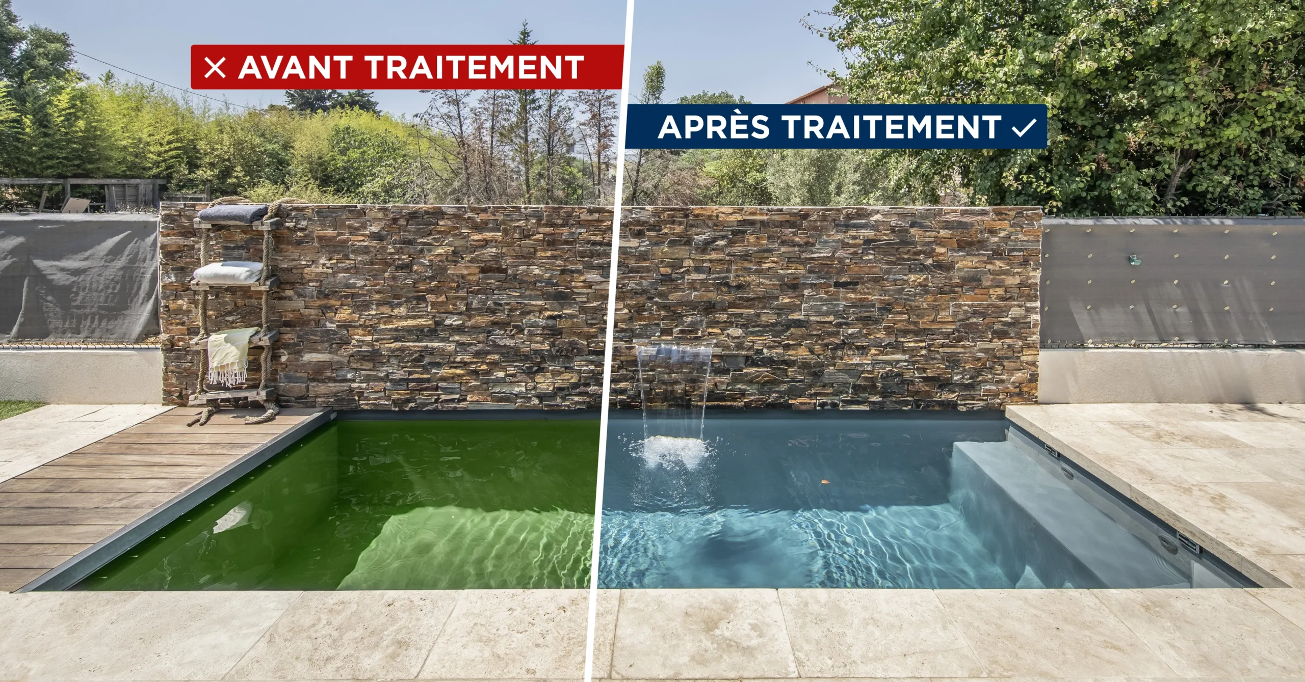 Eau de piscine avant et après traitement contre les algues